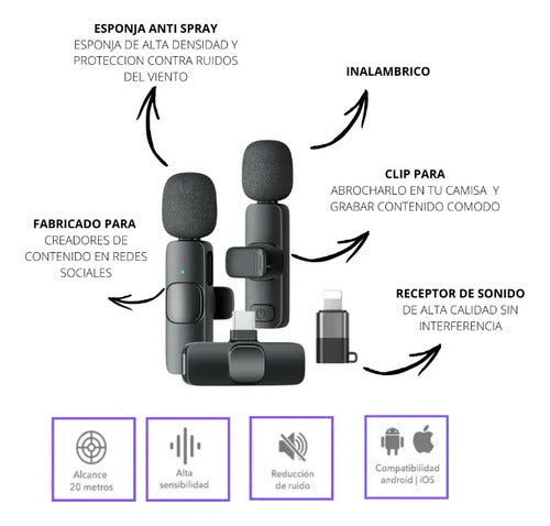 Microfono Solapero Inalambrico X2 Usb Tipo C Android Ios Negro