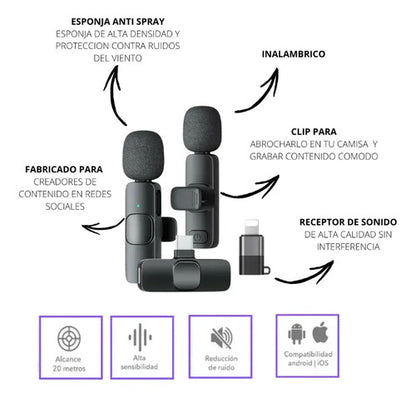 Microfono Solapero Inalambrico X2 Usb Tipo C Android Ios Negro