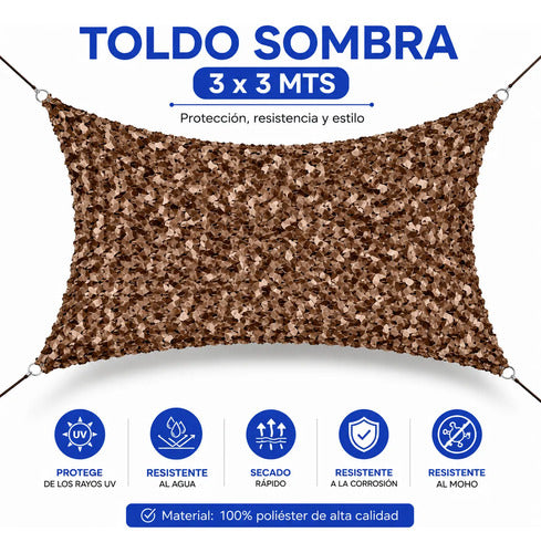 Toldo Lona Sombra Malla Poliester 3x3m Jardin Camping Marrón