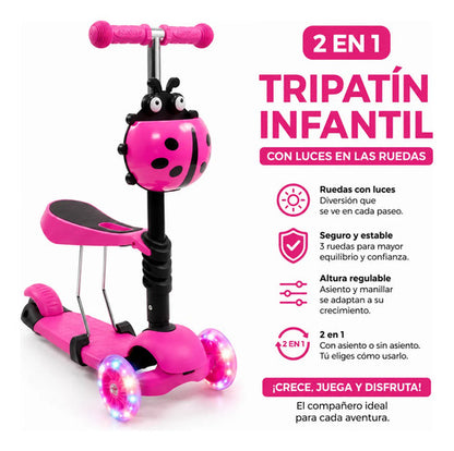 Scooter Tripatín Infantil Desmontable 2 En 1 Asiento Luces Rosa