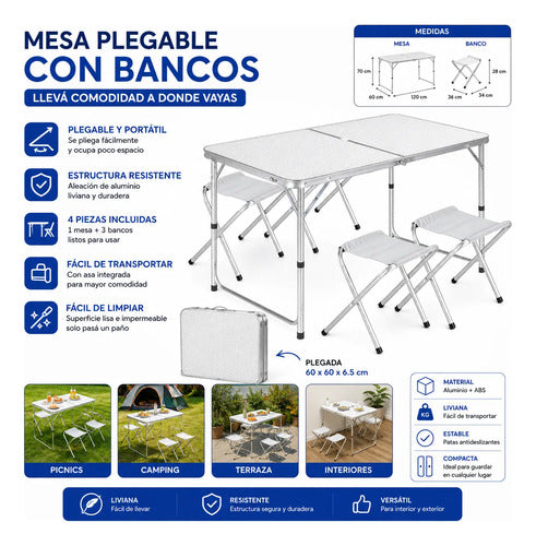 Mesa Plegable Camping Bancos Aluminio Portátil 120x60cm Blanco