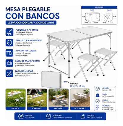 Mesa Plegable Camping Bancos Aluminio Portátil 120x60cm Blanco
