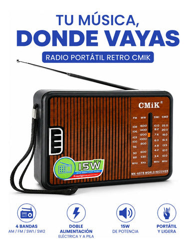 Radio Retro Portátil Am Fm 4 Bandas 15w Pila Corriente Marrón