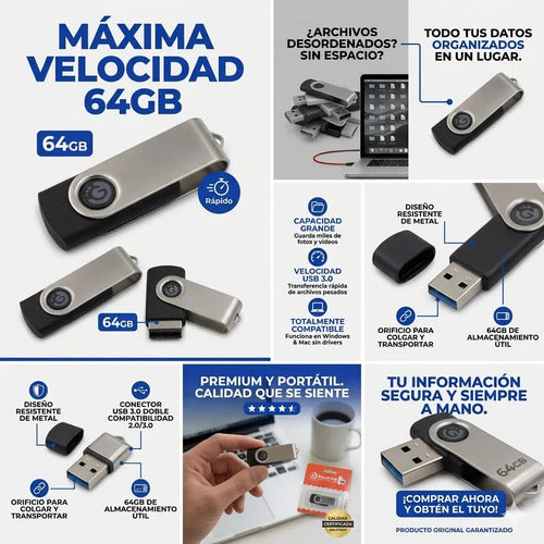 Pendrive Memoria Usb 64gb 3.0 Alta Velocidad Pc Mac Laptop Negro