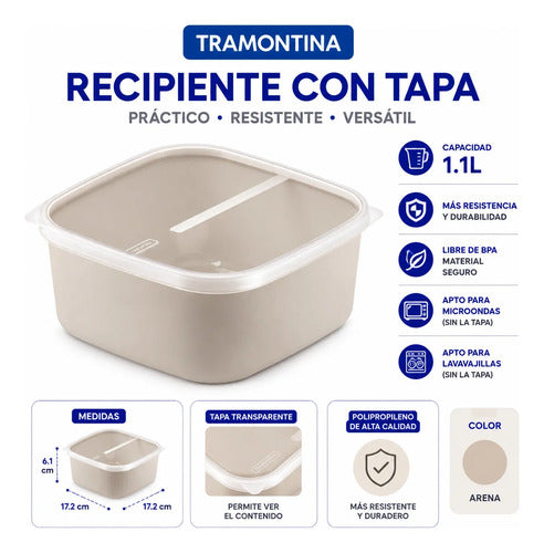 Pote Recipiente Tupper Plástico Tapa Transparente 1.1l Beige