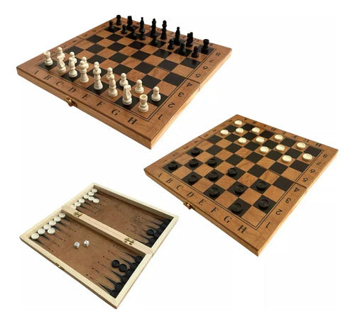Juego De Mesa 3en1 24cm Ajedrez Damas Backgammon Madera 5002