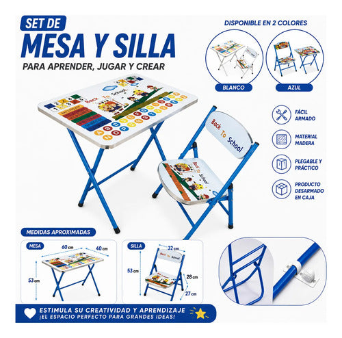 Set Mesa Silla Infantil Plegable Diseño Escolar 60x40cm Azul