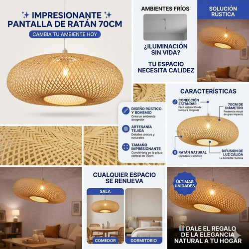 Pantalla Lampara Colgante 70cm Rustica Tejida De Ratan Amarillo Estilo Ovalado Donut / Boho Chic