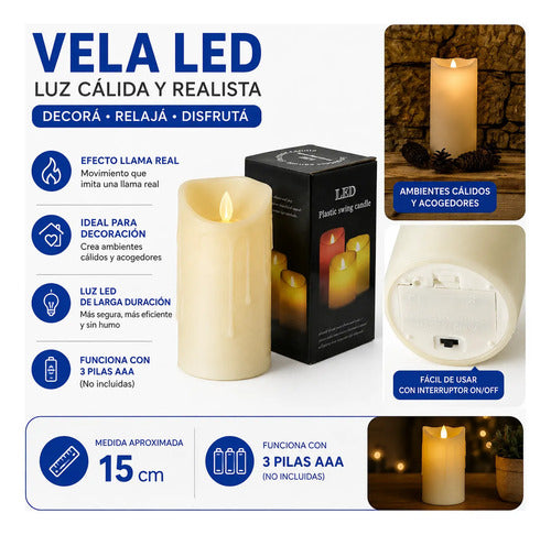 Vela Eléctrica Led Luz Cálida Decorativa Efecto Llama 15cm Beige