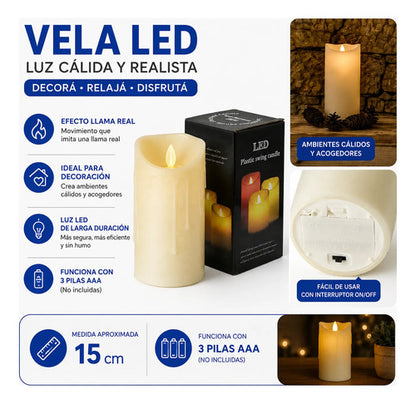 Vela Eléctrica Led Luz Cálida Decorativa Efecto Llama 15cm Beige