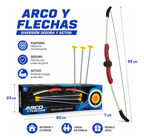 Arco Infantil 55cm Con 3 Flechas Ventosa Juego Puntería Rojo Negro Y Verde Claro