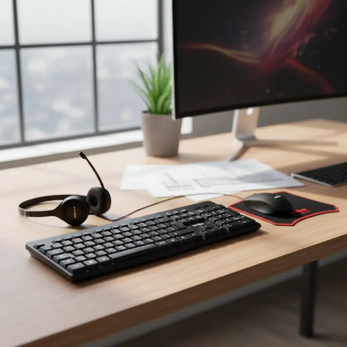 Combo Kit Oficina Teclado Mouse Auricular Mousepad Cableado Negro