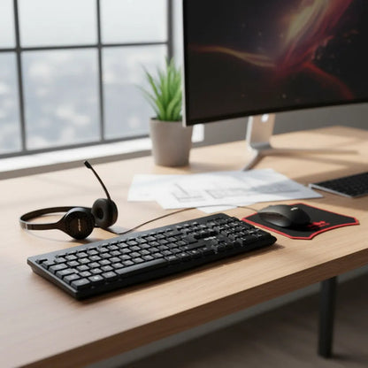Combo Kit Oficina Teclado Mouse Auricular Mousepad Cableado Negro