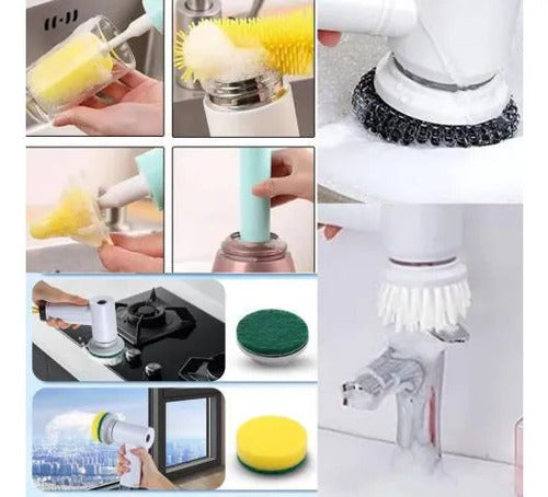 Cepillo Electrico Multiuso Limpiador 7 En 1 Recargable 12w Blanco Y Verde Agua / Celeste