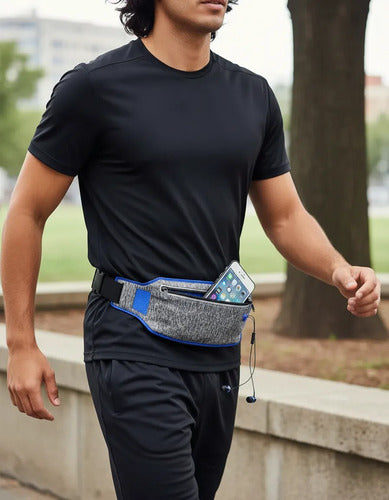 Riñonera Deportiva Porta Celular Ajustable Impermeable Gris Con Azul Liso