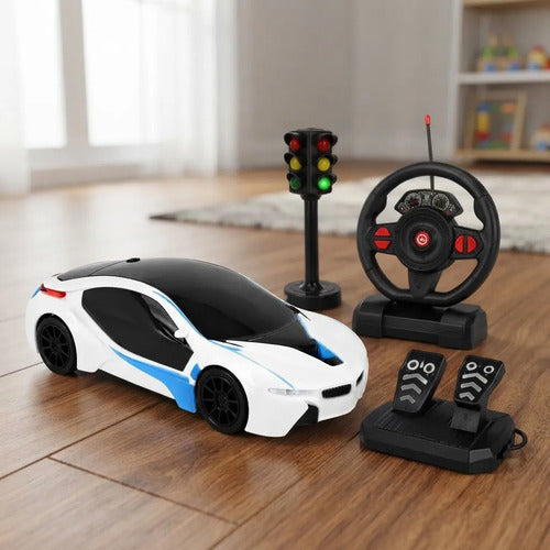 Auto Control Remoto Volante Pedales Semáforo Escala 1:16 Blanco