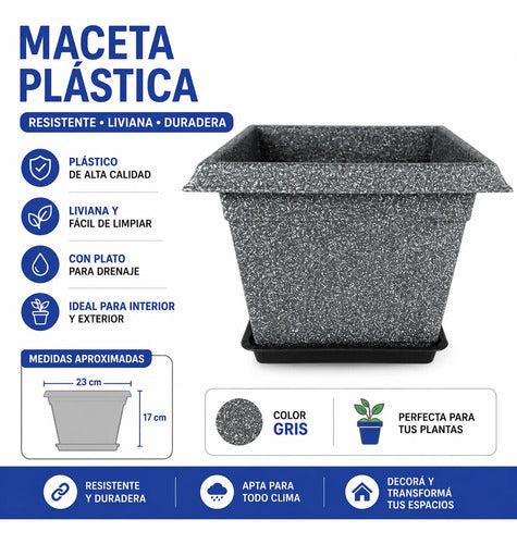 Maceta Decorativa Plástica Plato Cuadrada 23x17cm Liviano Gris