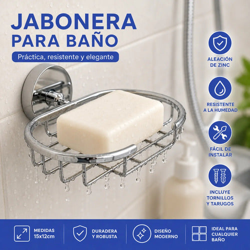 Porta Jabón Baño Pared Zinc Rejilla Ovalada Jabonera 15x12cm Plateado