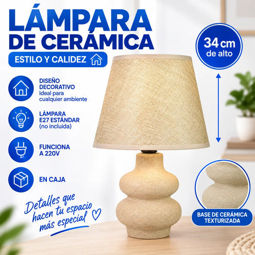 Lámpara Mesa Cerámica Texturizada Velador E27 34cm Beige
