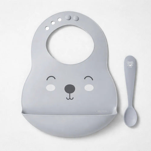 Set Kit Infantil Babero Cuchara Bebé Pack X2 Piezas Gris Animales Unico