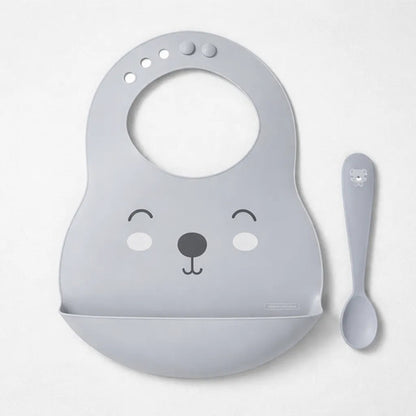 Set Kit Infantil Babero Cuchara Bebé Pack X2 Piezas Gris Animales Unico