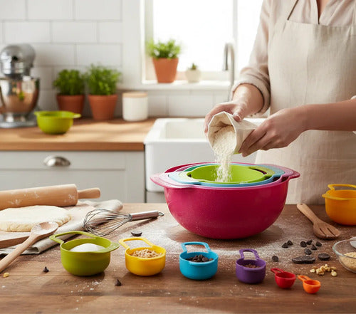 Set Bowl Colador Cucharas Medidoras Plastico Cocina Pack X10 Aleatorio