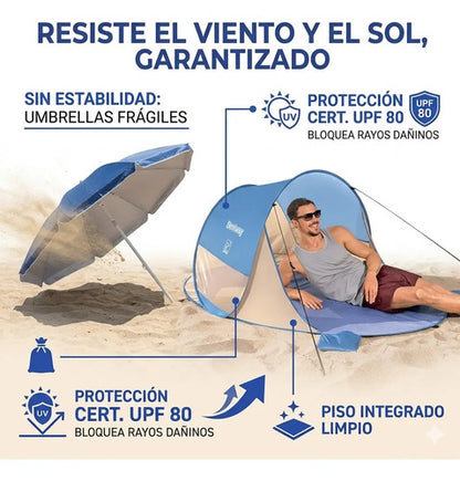 Carpa Refugio Playa Autoarmable Cortaviento Filtro Uv 80 2m Azul