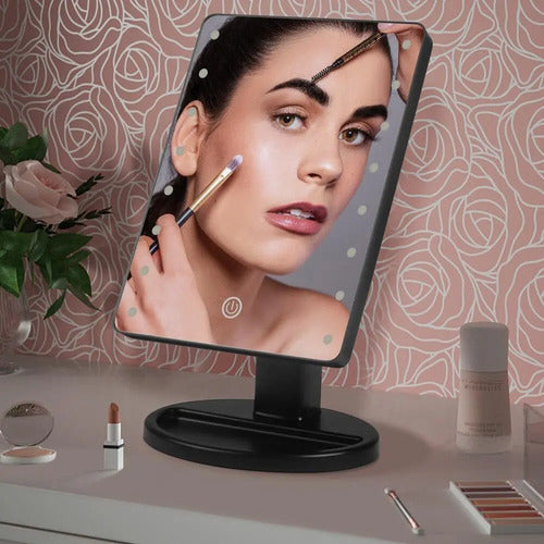 Espejo Para Maquillaje Con Luz Led Tactil Con Rotacion Negro