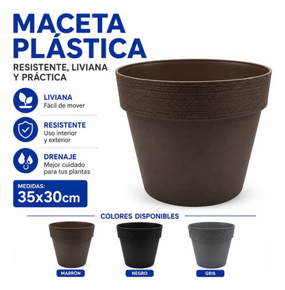 Maceta Plastica Redonda Decorativa 35x30cm Jardin Exterior Marrón