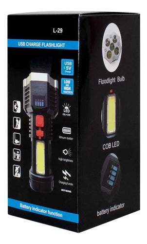 Linterna Foco Led Recargable Usb Indicador Carga Bateria L29 Blanco Frío Negro Con Detalles En Gris Plata