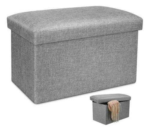 Banco Organizador Baul Taburete Plegable Tapa Acolchada Gris Tela Tramada Lisa