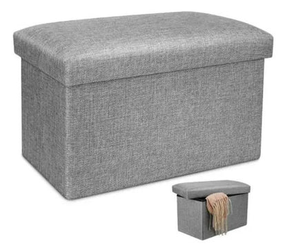 Banco Organizador Baul Taburete Plegable Tapa Acolchada Gris Tela Tramada Lisa