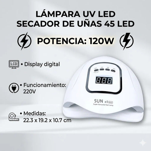 Lampara Secador Uñas Uv Led 120w Sun X5 Max Pantalla 220v Blanco