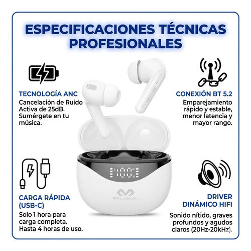 Auriculares Inalambricos Bluetooth Pantalla Led Ios Android Blanco