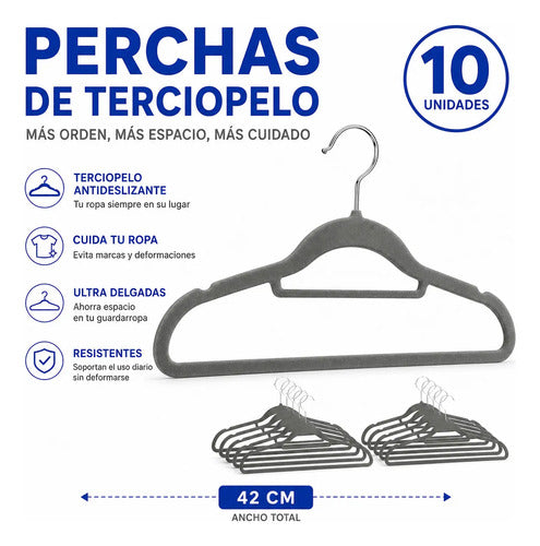 Perchas Terciopelo Antideslizantes Pack X10 42cm Ropa Gris