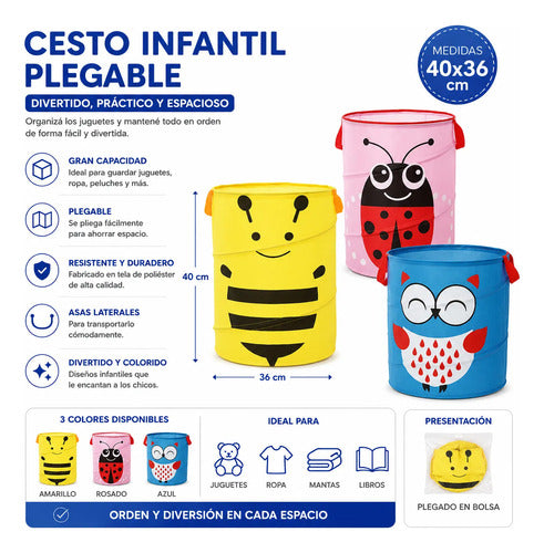 Canasto Cesto Infantil Plegable Tela Organizador 40x36cm Azul