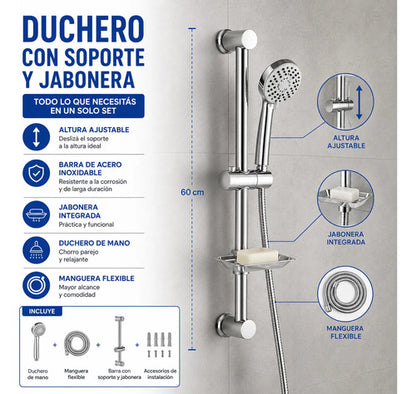 Set Ducha Manual Soporte Barra Jabonera Manguera Pack Mango Plateado Cromado
