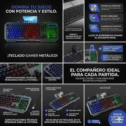 Teclado Gamer Metalico Usb Luces Rgb Soporte Celular Ñ Pc Negro Español Latinoamérica