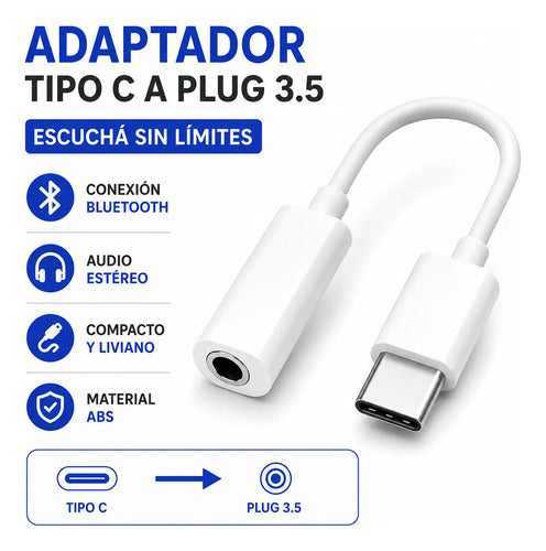 Adaptador Cable Usb Tipo C A Plug Jack 3.5 Audio Auriculares Blanco