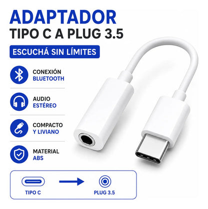Adaptador Cable Usb Tipo C A Plug Jack 3.5 Audio Auriculares Blanco