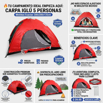 Carpa Iglu Camping 4 A 5 Personas Impermeable Bolso 200x200 Rojo