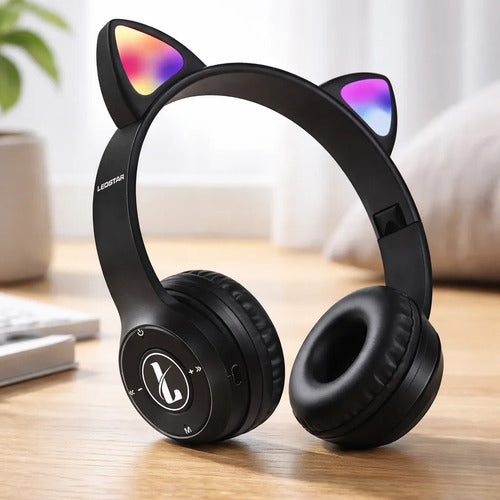 Auricular Orejas Gato Vincha Bluetooth Tf Micrófono Infantil Negro