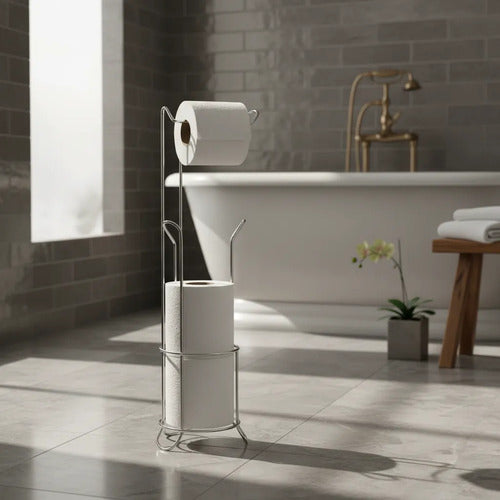 Soporte Portarrollos Baño Metalico Pie 51cm Papel Higienico Plateado