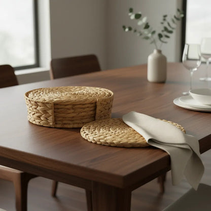 Set Individuales Tejidos Ratán 7 Piezas Cesto Mesa Rattan Amarillo Tejido