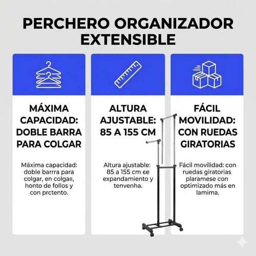 Perchero Ropero Doble Extensible Rueda Organizador 155 Metal Negro