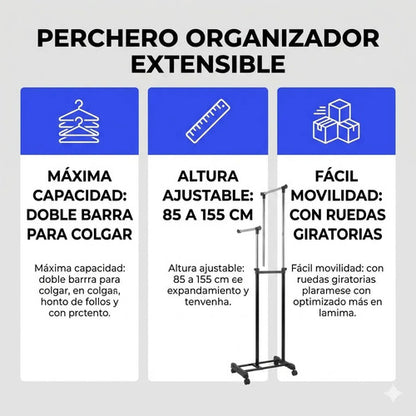 Perchero Ropero Doble Extensible Rueda Organizador 155 Metal Negro