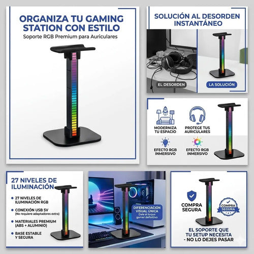 Soporte Auriculares Gamer Base Rgb Escritorio Pc Usb Luces