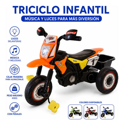 Triciclo Moto Infantil Pedales Con Luces Música Baúl Trasero Verde
