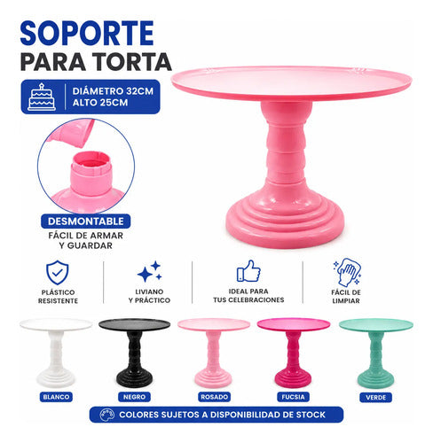 Soporte Base Para Torta Plástico Repostería 32cm Desmontable Rosa