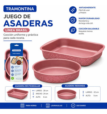 Set Juego Asaderas Antiadherentes 2 Piezas Horno Rectangular Rosa
